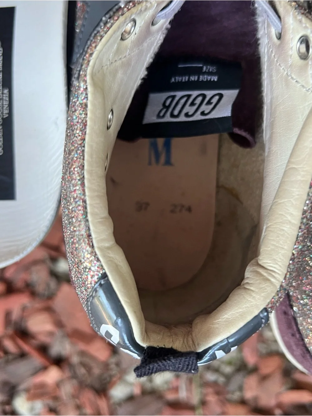 EUC Golden Goose Midstars 37 maroon, blue suede and glitter